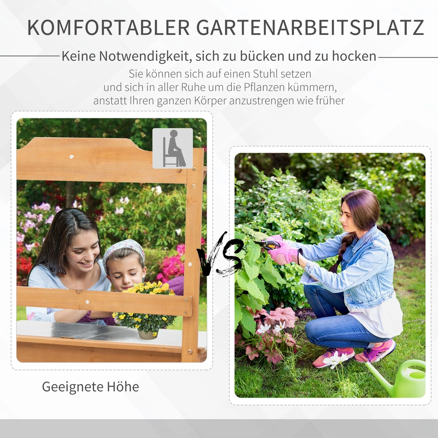 Outsunny Pflanztisch mit verzinkter Arbeitsplatte und Ablage natur