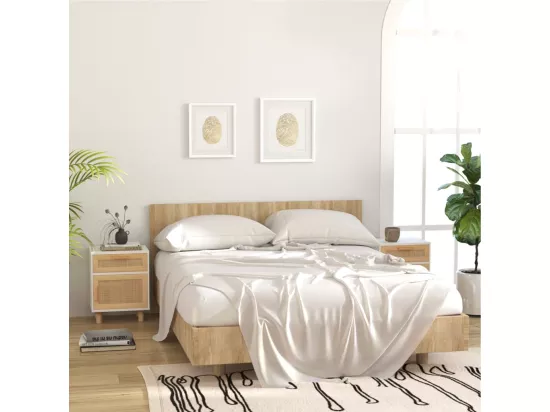 Table de chevet Blanc Bois de pin massif et rotin naturel