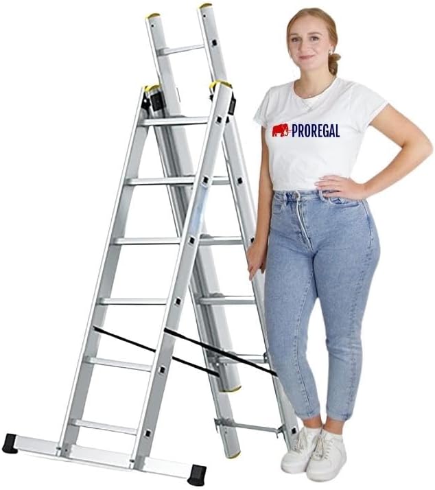 PROREGAL Economy Plus 3-delige multifunctionele ladder met dwarsbalk, 3 x 6 sporten, werkhoogte 4,43 m, draagvermogen 150 kg