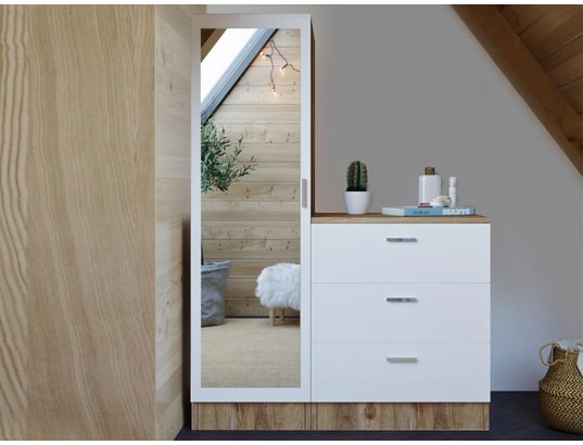 VENTE-UNIQUE - Commode 3 tiroirs avec armoire et miroir - blanc et naturel...