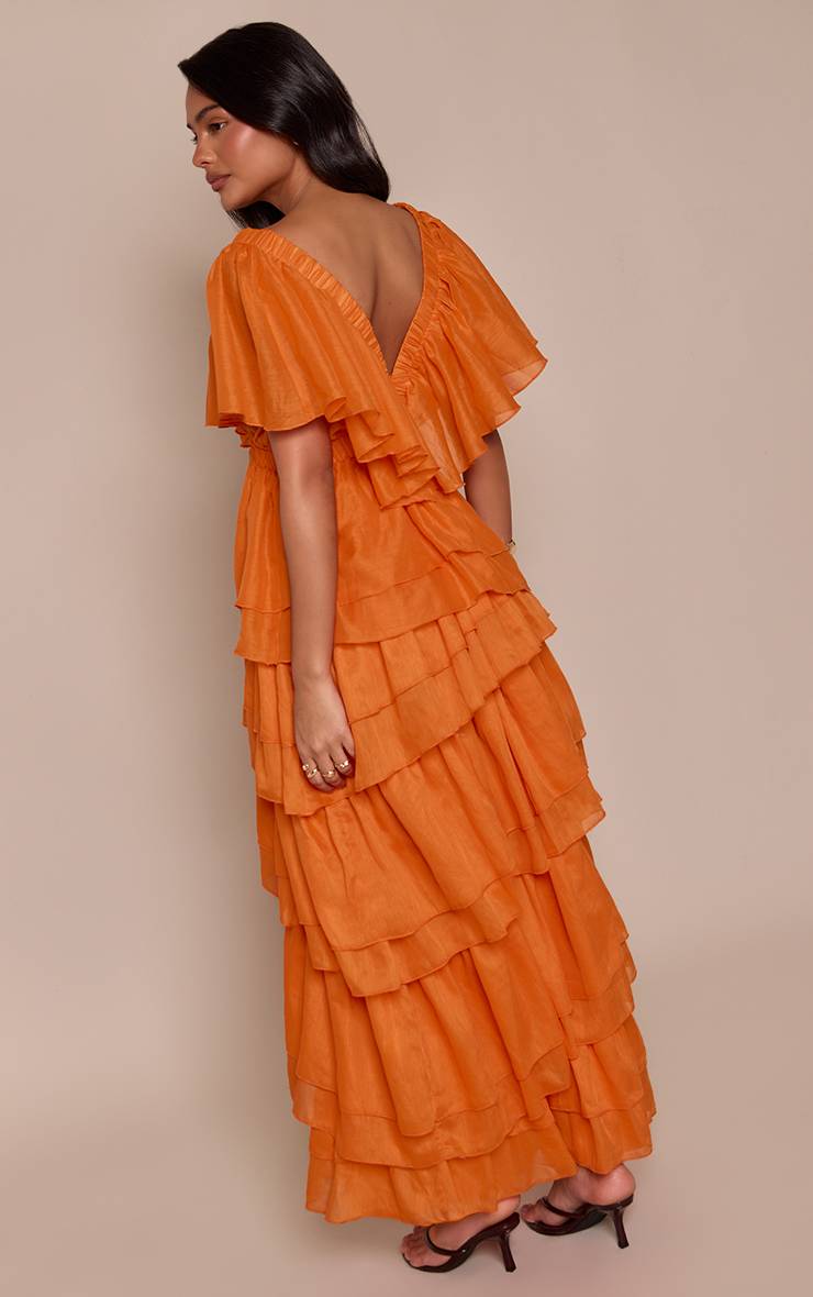 Orange Robe Maxi À Col V Plongeant Et Volants Superposés