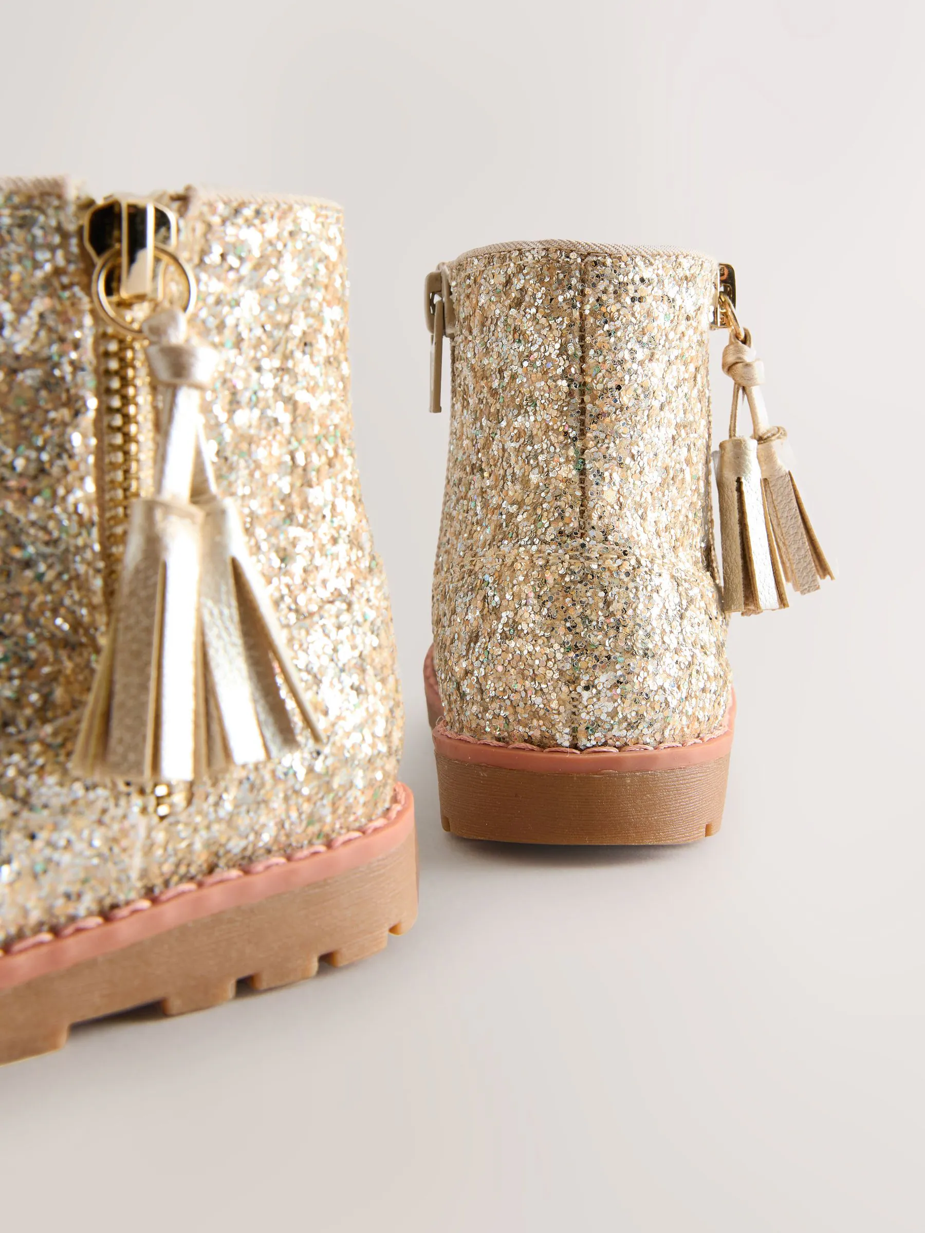 Goud glitter - Chelsea enkellaarsjes met rits en kwastjes