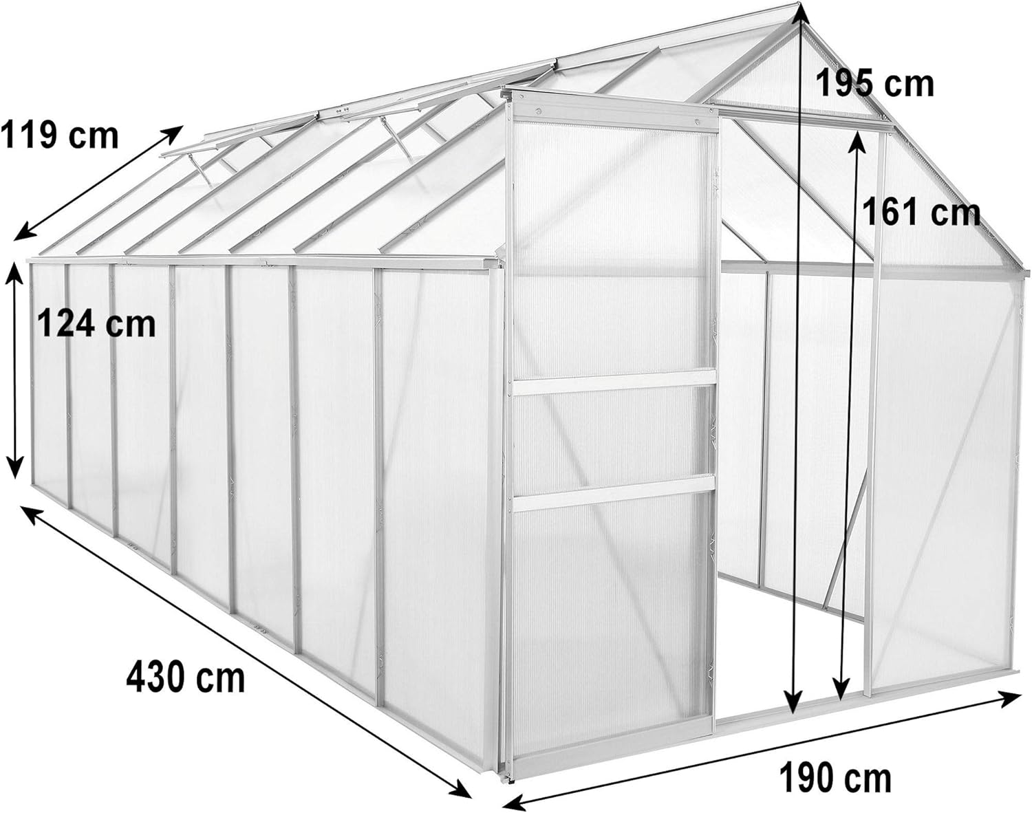 Zelsius Aluminium Gewächshaus 430 x 190 cm | 6 mm Hohlkammerplatten, UV-beständig, Winterfest | Treibhaus, Pflanzenhaus, Tomatenhaus, Frühbeet, Anbau Gewächshaus, Tomatengewächshaus, Gartenhaus