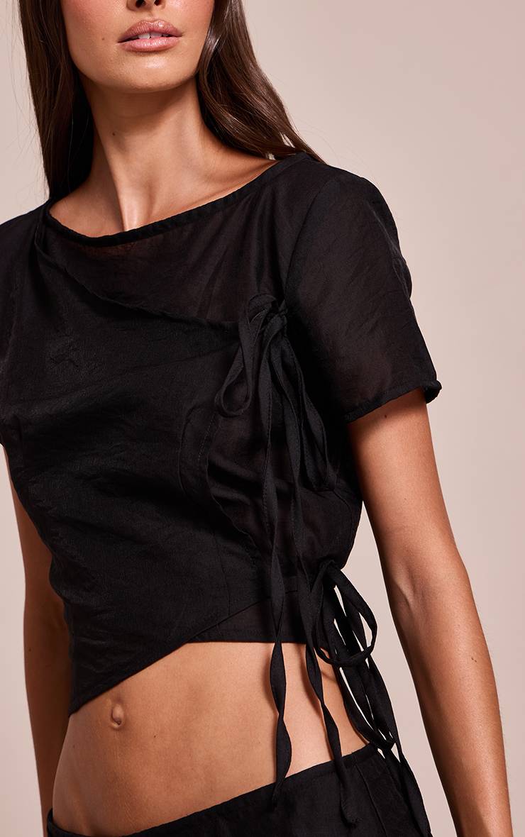 Bleu Marine Haut À Manches Courtes En Organza Transparent Avec Détail Nœud