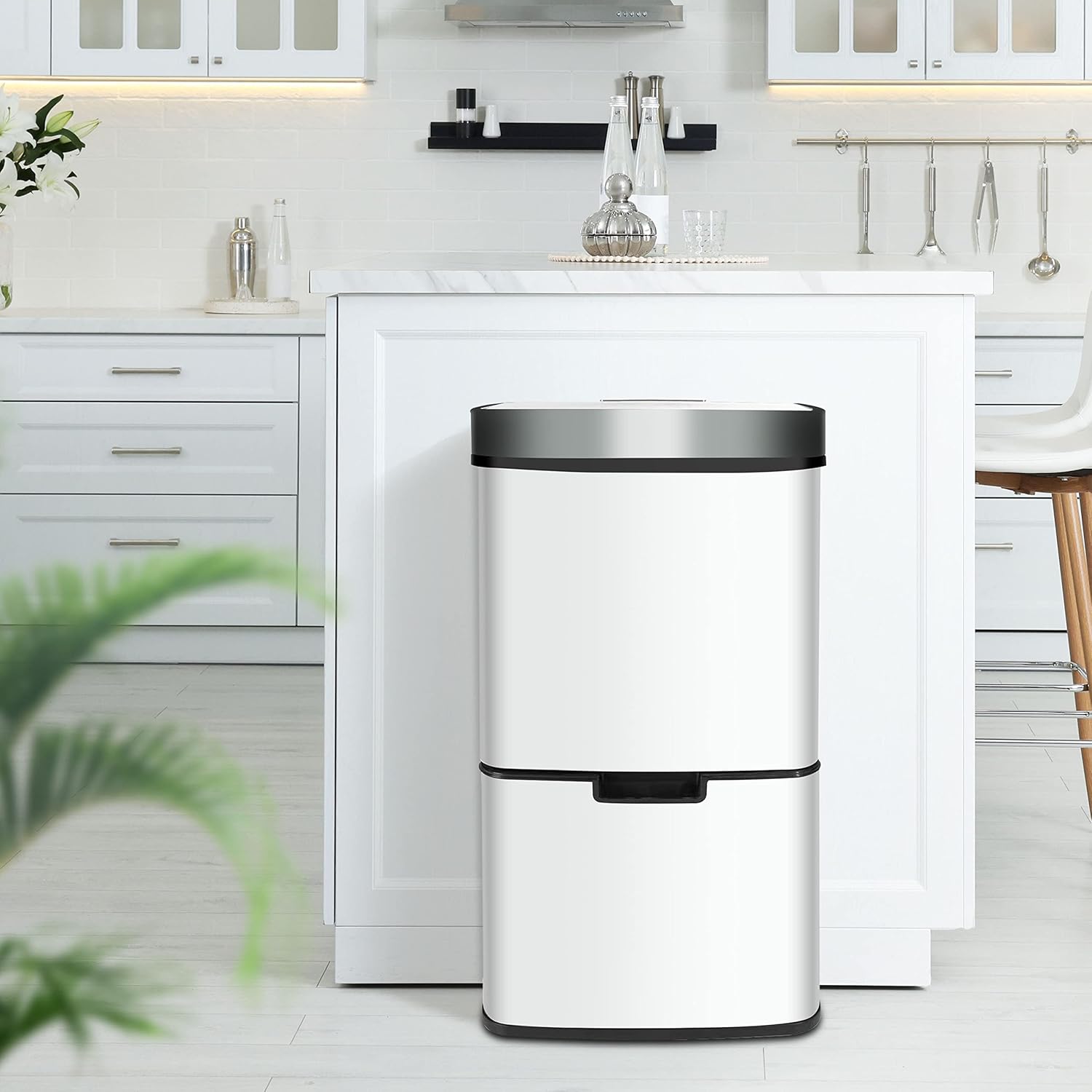 Ribelli Edelstahl - Mülltrennsysteme mit 3+1 Fächer - Mülleimer mit Sensor - 72 Liter (2x12 + 1x48 L) - Design Treteimer aus Edelstahl - Weiß