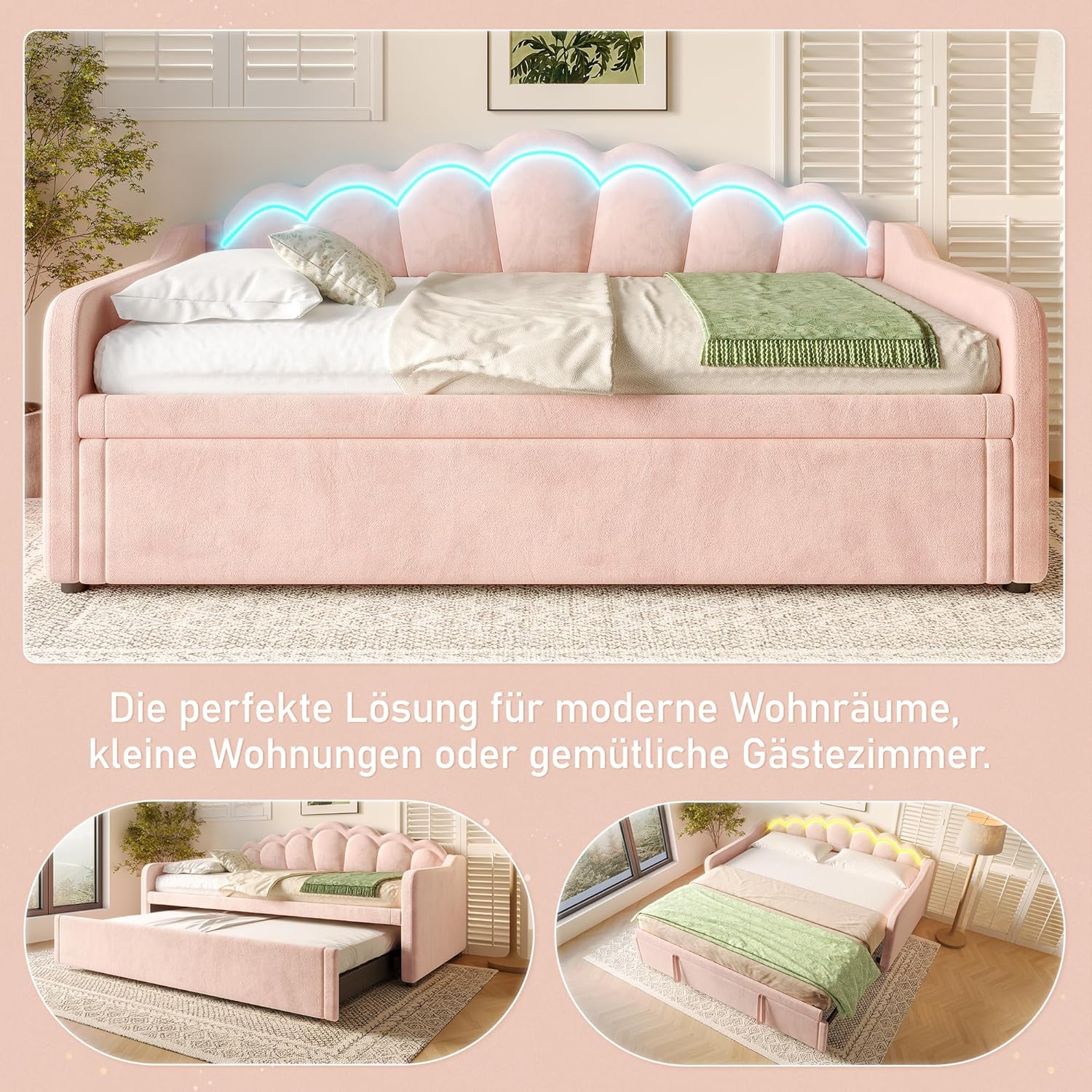 Merax Tagesbett 90×200 cm (ausziehbar auf 180×200 cm) Schlafsofa mit farbwechselndem LED-Streifen, Praktisches Ausziehbett, Bettrahmen mit Lattenrost (ohne Matratze), Samt, Rosa