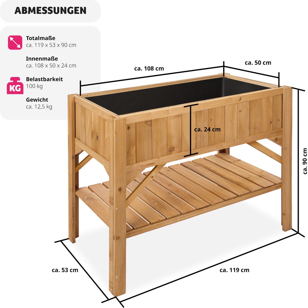 tectake houten verhoogde tuinbak met plank, 119 x 53 x 90 cm