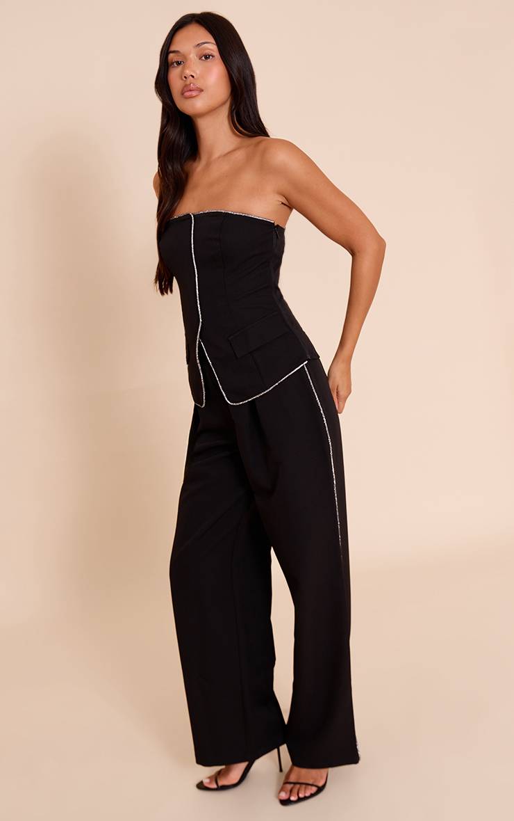 Noir Top Bandeau Ajusté En Tissu Tissé Avec Ornements De Strass
