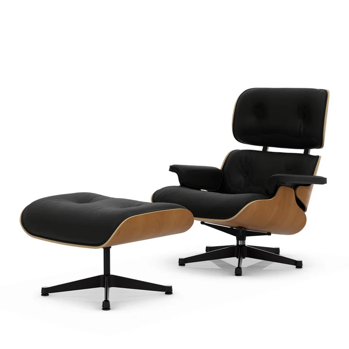 Vitra - Lounge Chair & Ottoman, schwarz / poliert, Kirsche natur, Leder Premium F, nero (neue Masse)