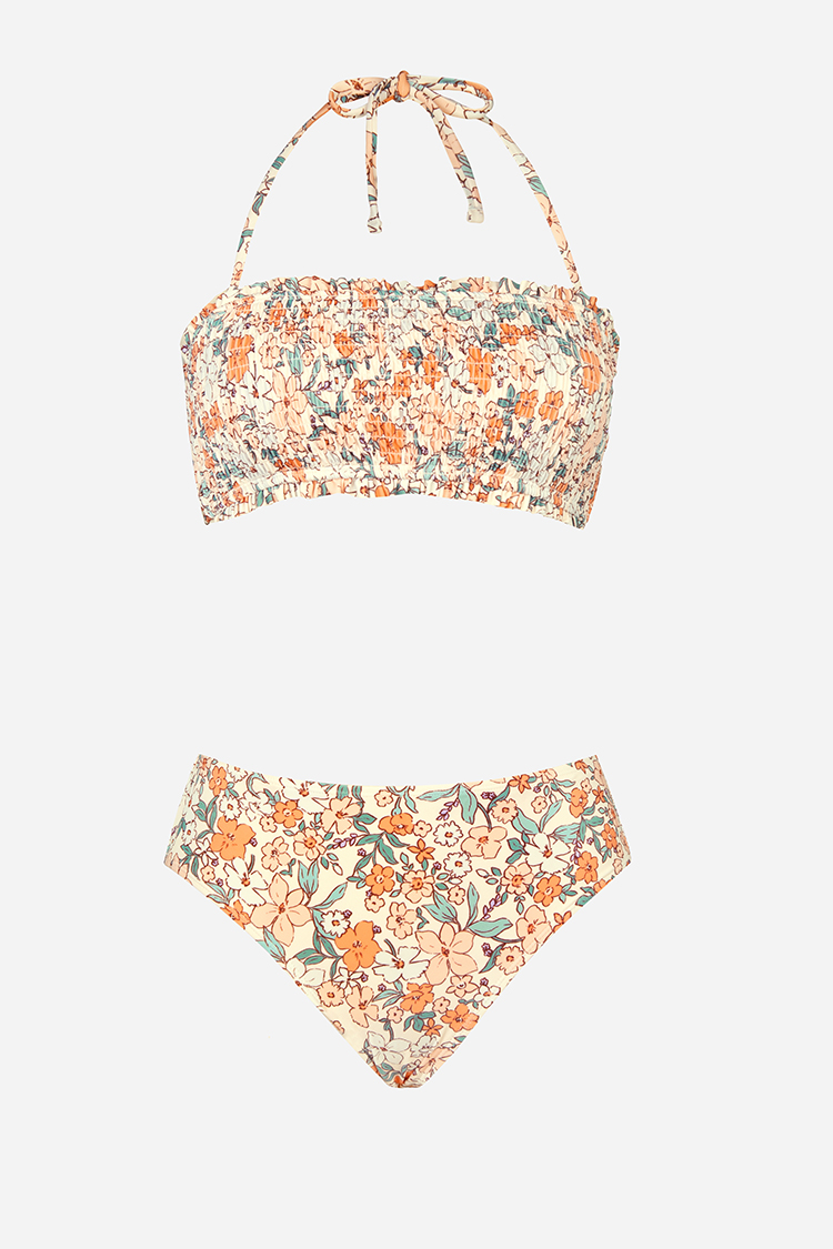 Bikini bandeau taille moyenne smocké à nouer fleuri