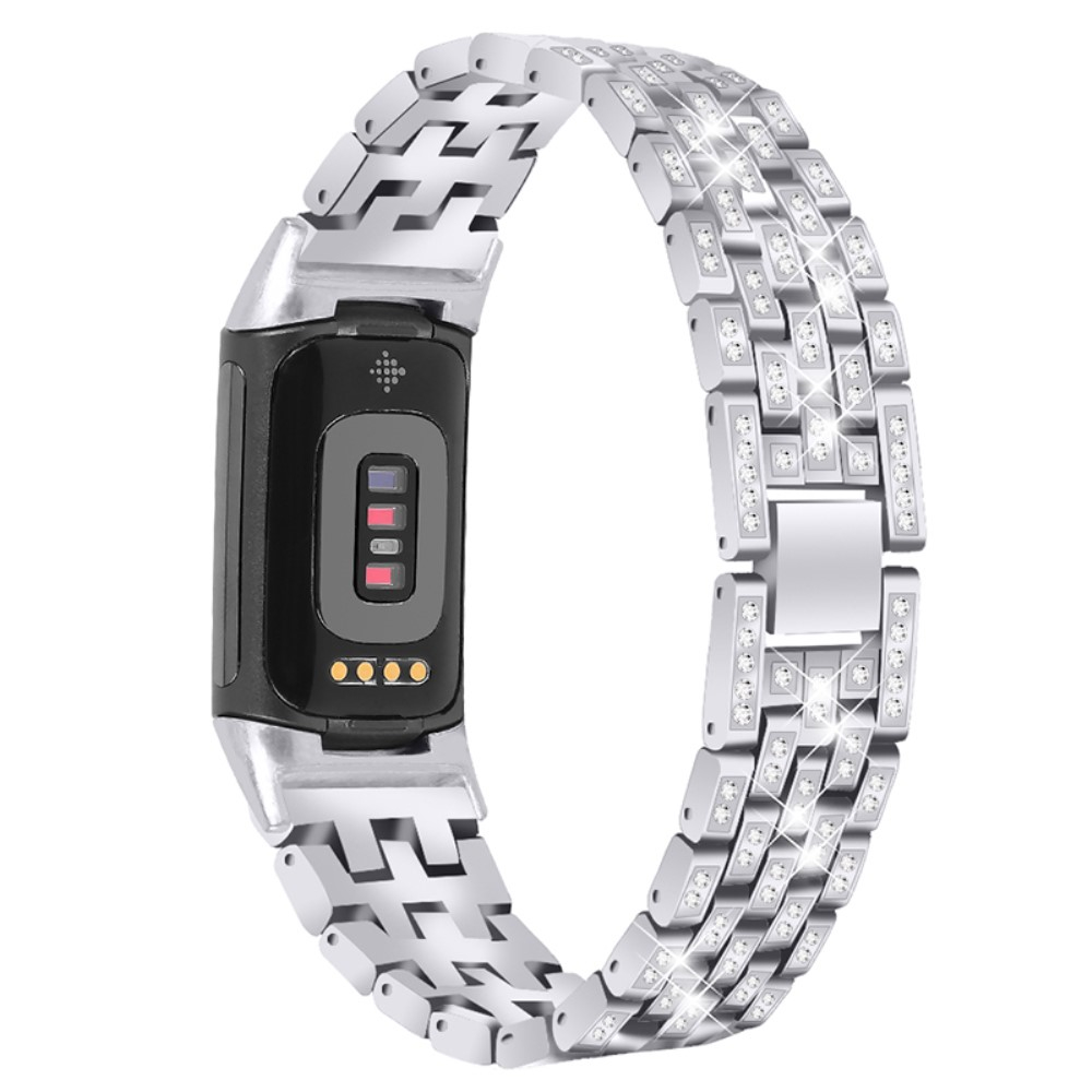 Fitbit Charge 6 / 5 Edelstahl Schmuckarmband mit Glitzersteinen - Silber
