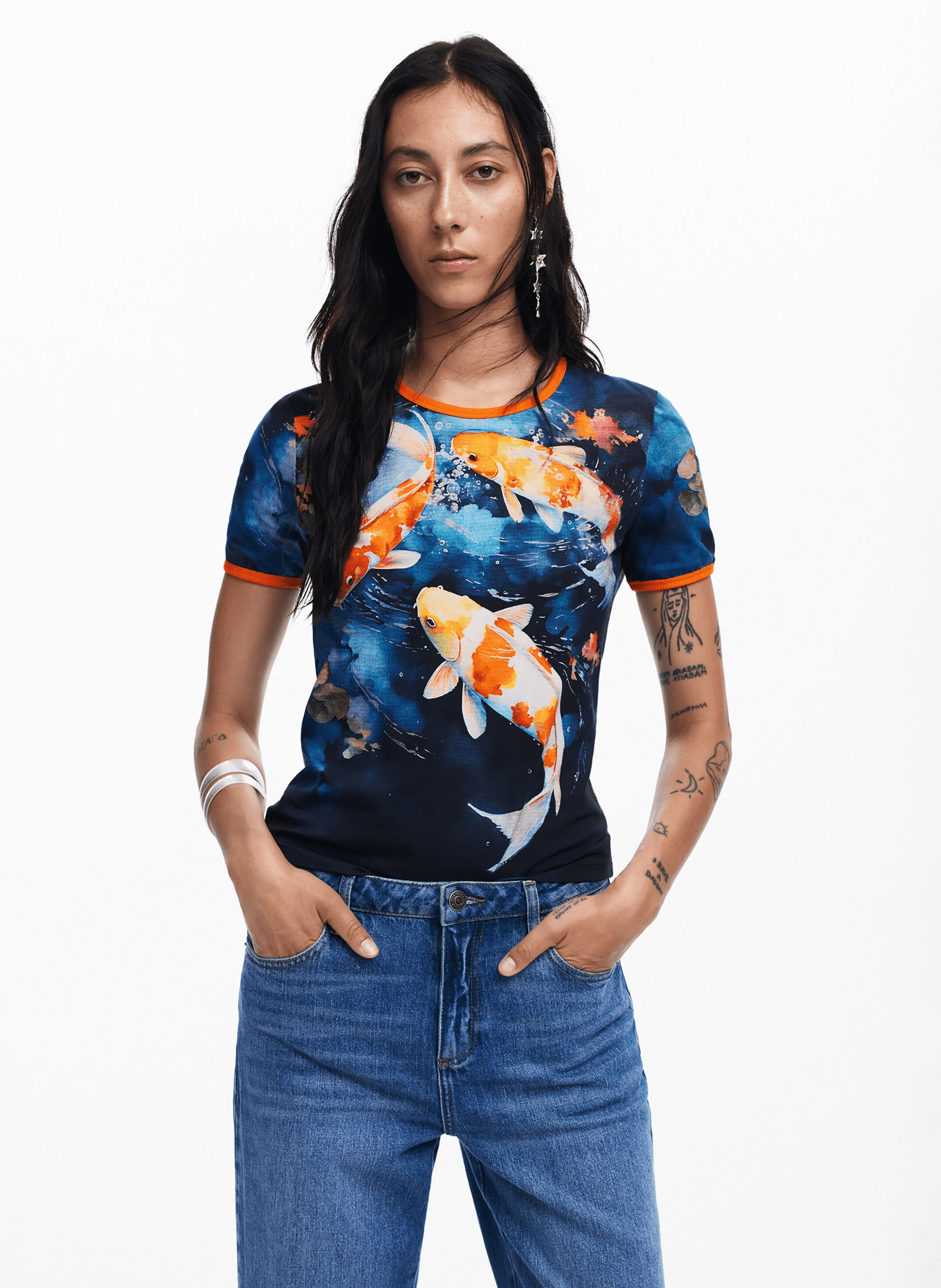 Tee-shirt manches courtes imprimé en coton mélangé | Bleu