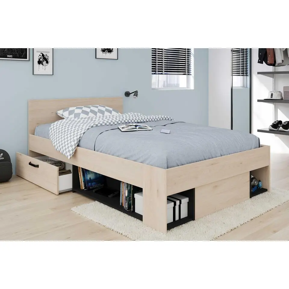 Kinderbed Achiel - 120x200/190cm - met opbergruimte - eikdecor/zwart