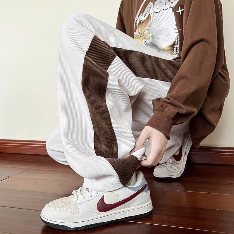 Dream Drop - Tweekleurige corduroy broek met trekkoord in de taille en rechte pijpen