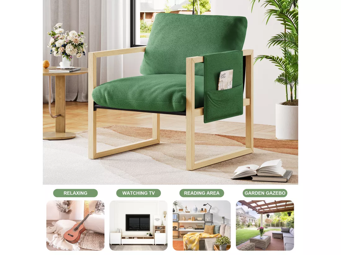 Fauteuil relax - Fauteuil scandinave - Fauteuil rembourré en tissu sherpa - ergonomique - Bois Massif - Vert - 79x68x83CM