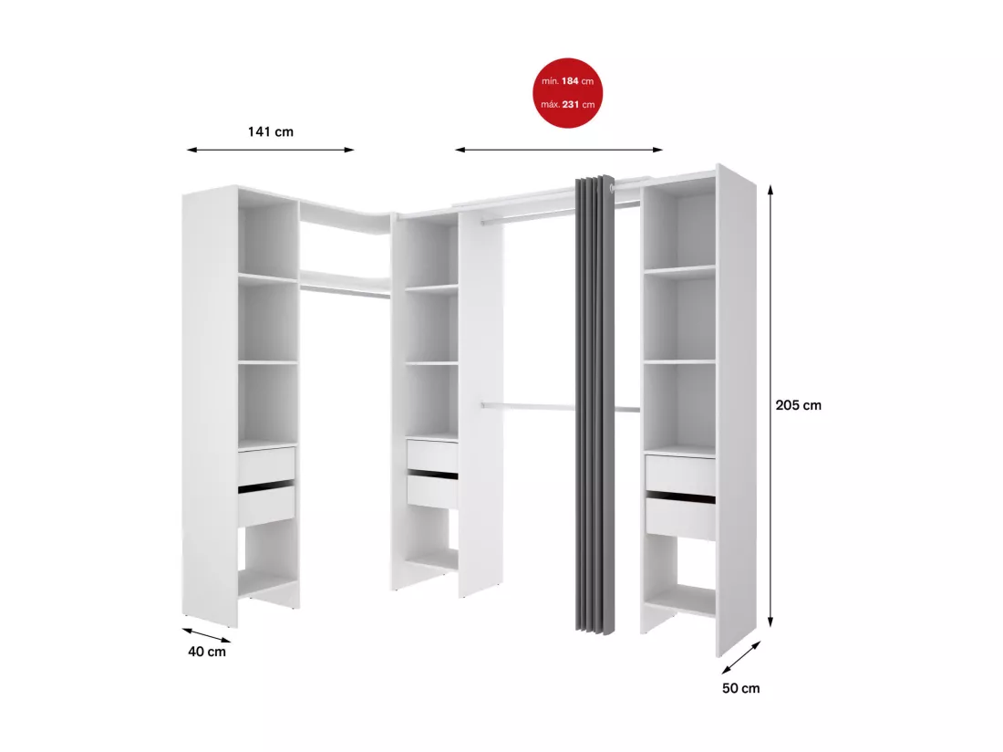 Grande Garde-robe Dharma, Meubles de chambre, Penderie de plain-pied, Placard à vêtements, 234x141 h205 cm, Blanc