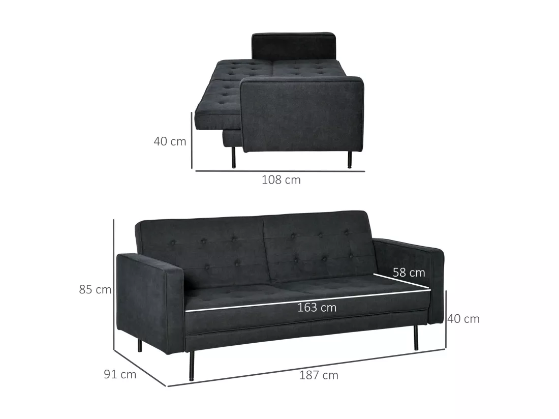 Canapé convertible 2 places style Chesterfield capitonné dossier inclinable 3 positions tissu gris foncé