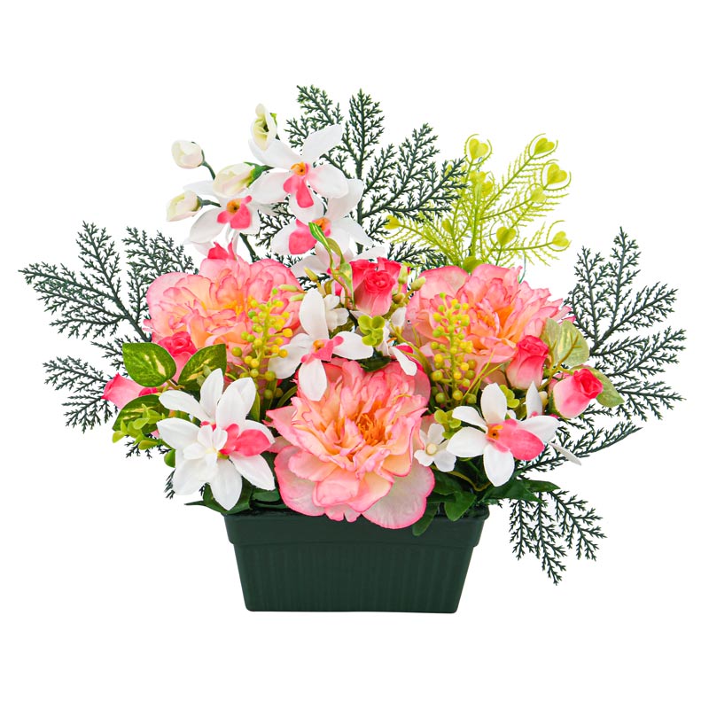 Jardinière de pivoines orchidées et rosettes