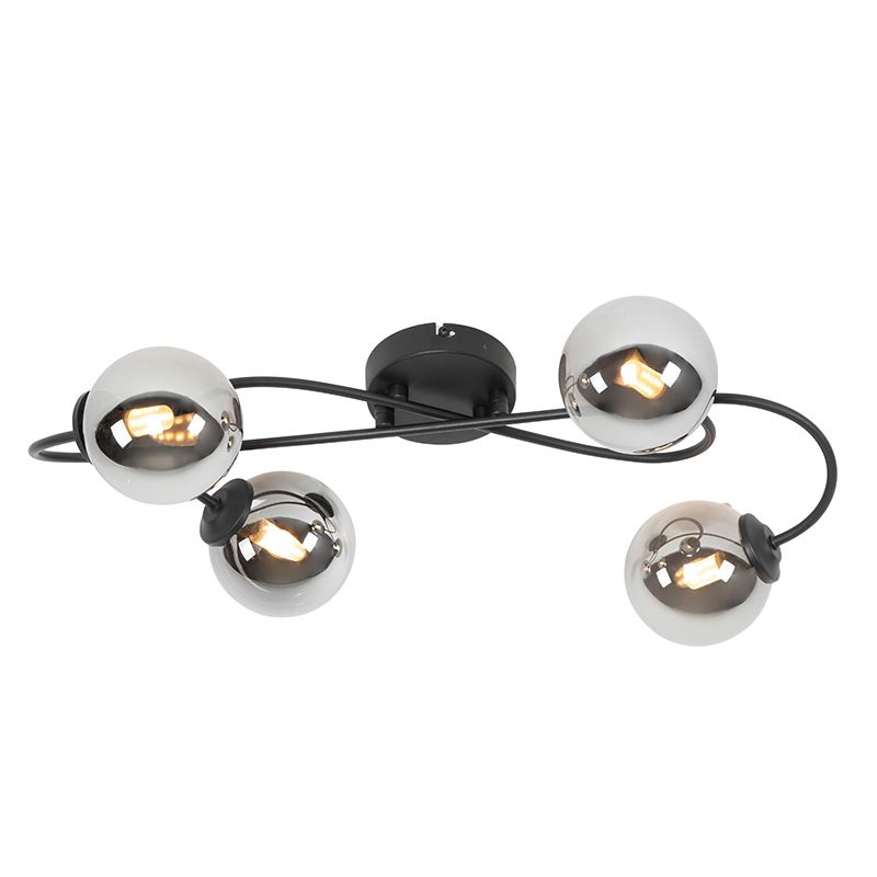 Moderne plafondlamp zwart 4-lichts met smoke glas - Athens