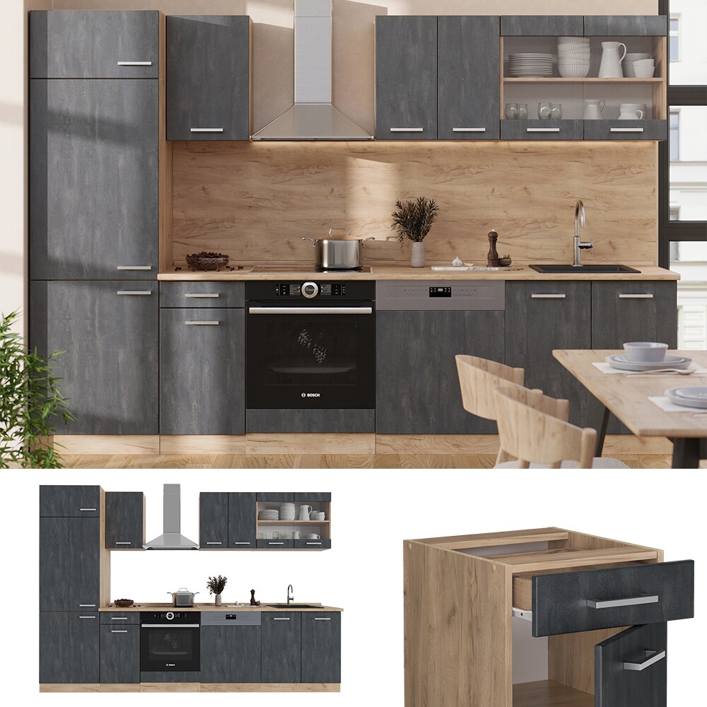 Vicco Küchenzeile R-Line 300 cm Schwarz Beton Eiche mit Arbeitsplatte Weiß-Marmor