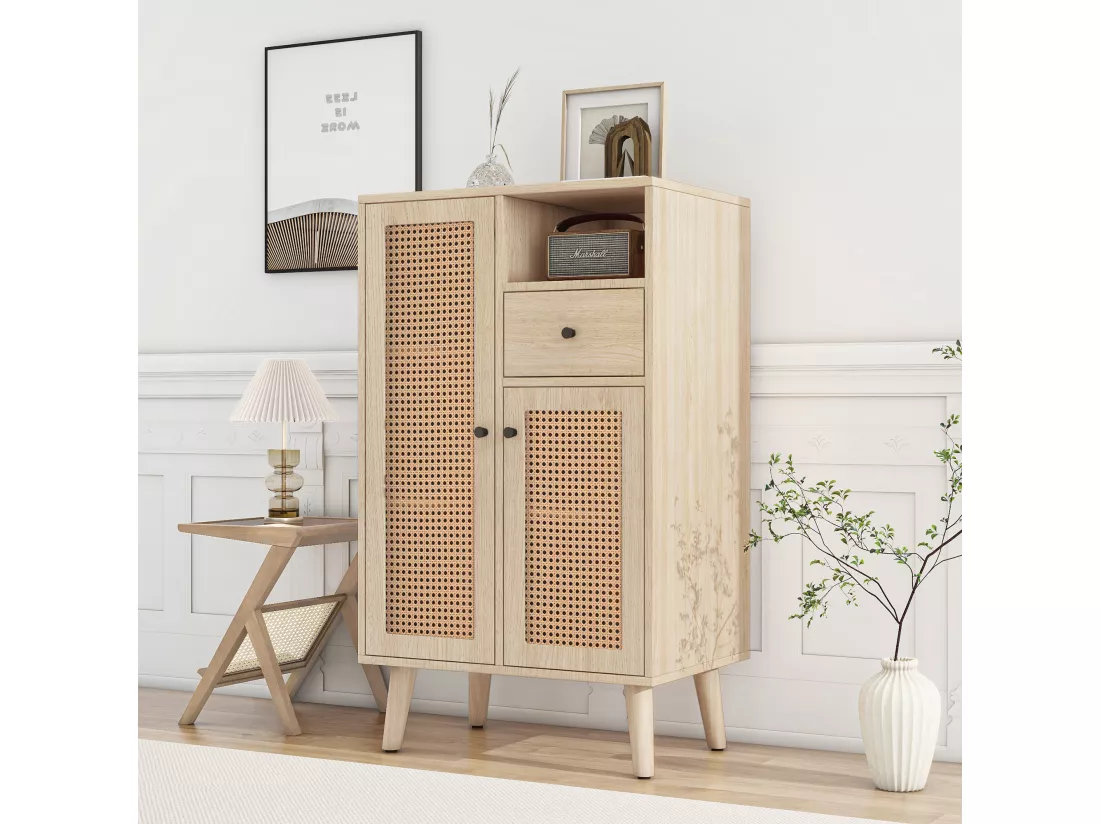 Commode en Bois avec 2 Portes en Rattan et 1 Tiroir, Buffet de Rangement avec Grand Espace, Meuble de Salon, Dimensions 60x40x101 cm