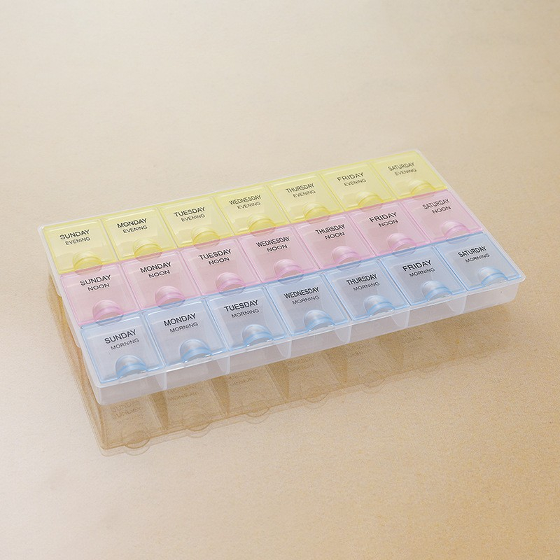 (215x122mm) Medikamenten Dosierer 7 Tage Dosett Tablettenbox Supplements Pillendose -  Rosa / Gelb / Blau