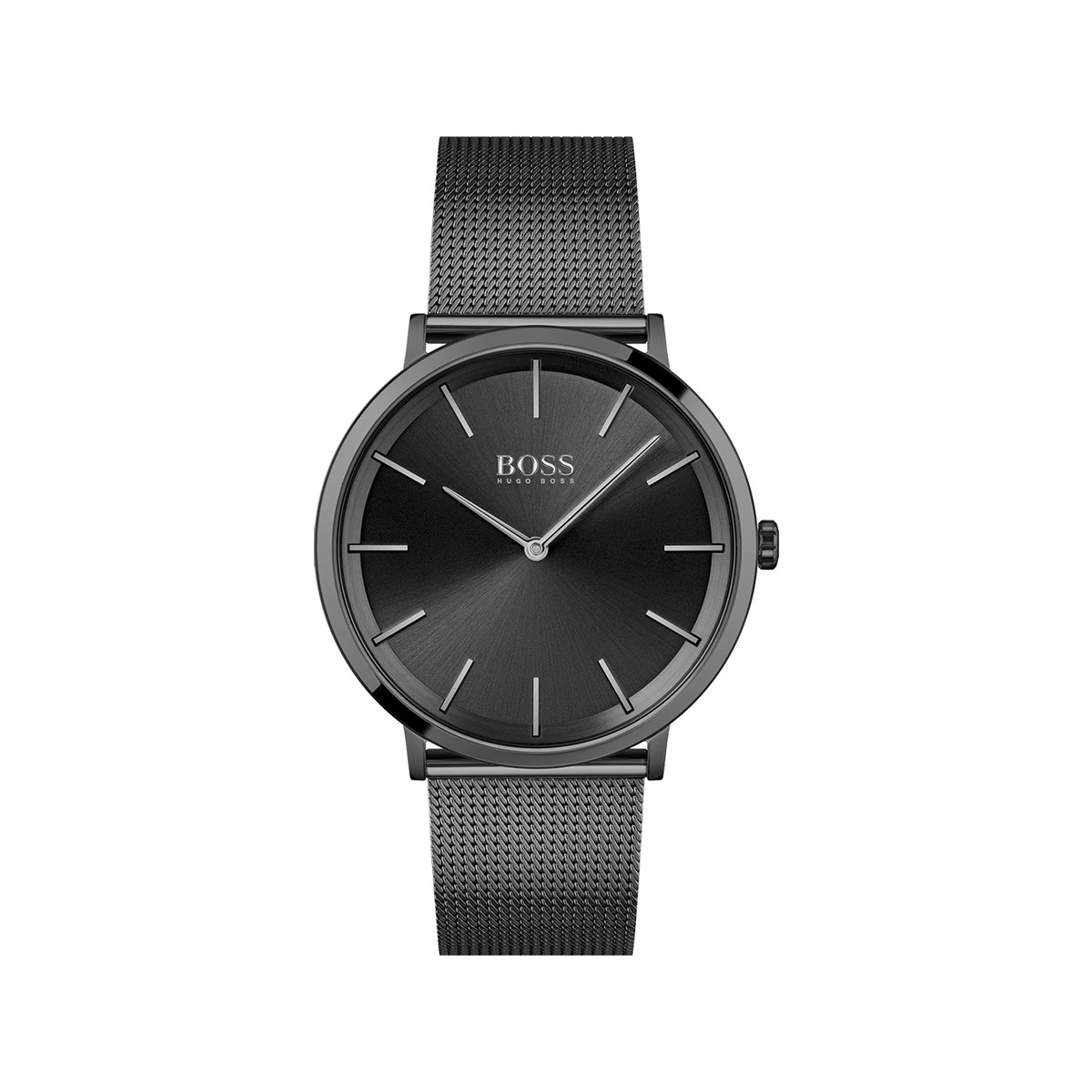 Montre boss homme acier noir bracelet acier noir maille milanaise