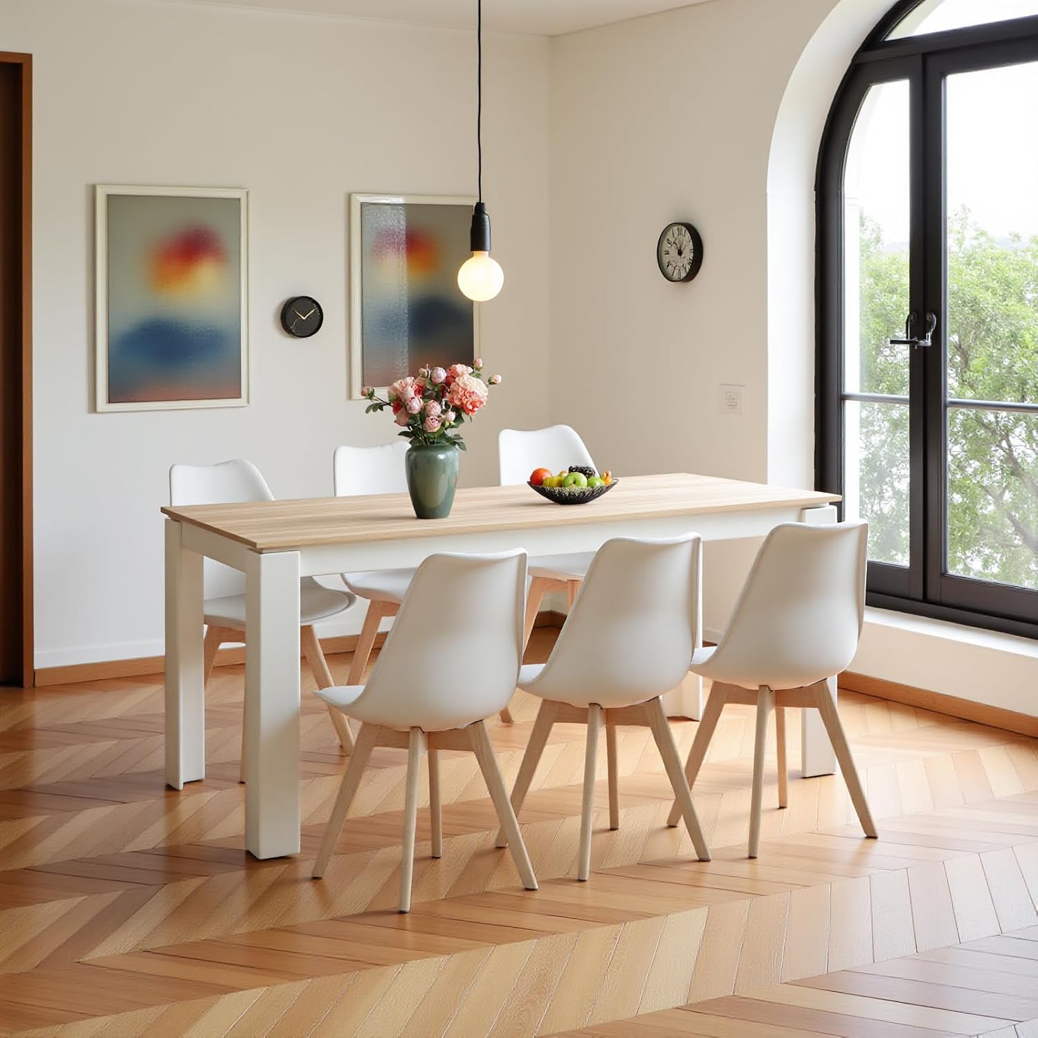 Esstisch mit 6 Stühlen Esszimmergruppe, Esszimmerstühle und Rechteckig Küchentisch Essgruppe Sitzgruppe für Wohnzimmer Küche Büro(160cm Eiche-Weiß Tischbein Tisch+6 Weiß Stühle)