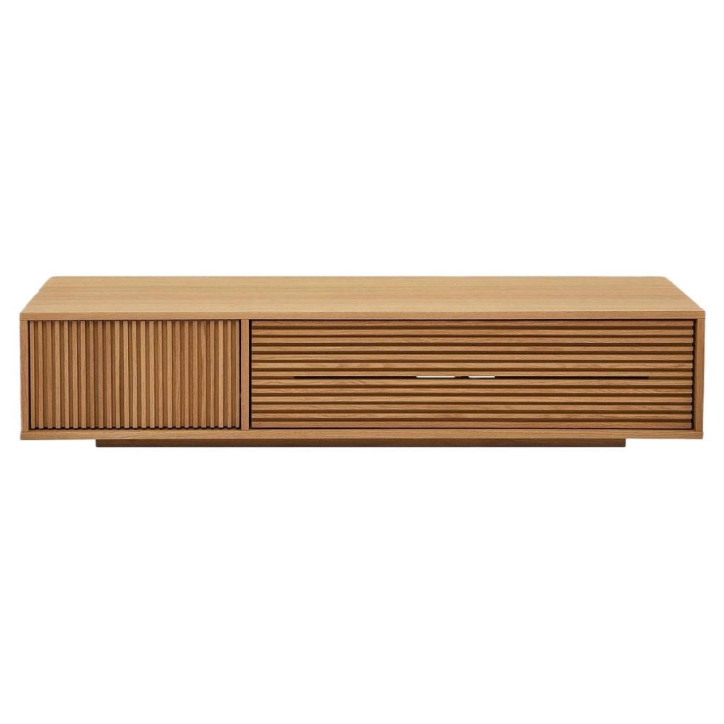 Meuble TV en bois naturel à façade rainurée – design contemporain