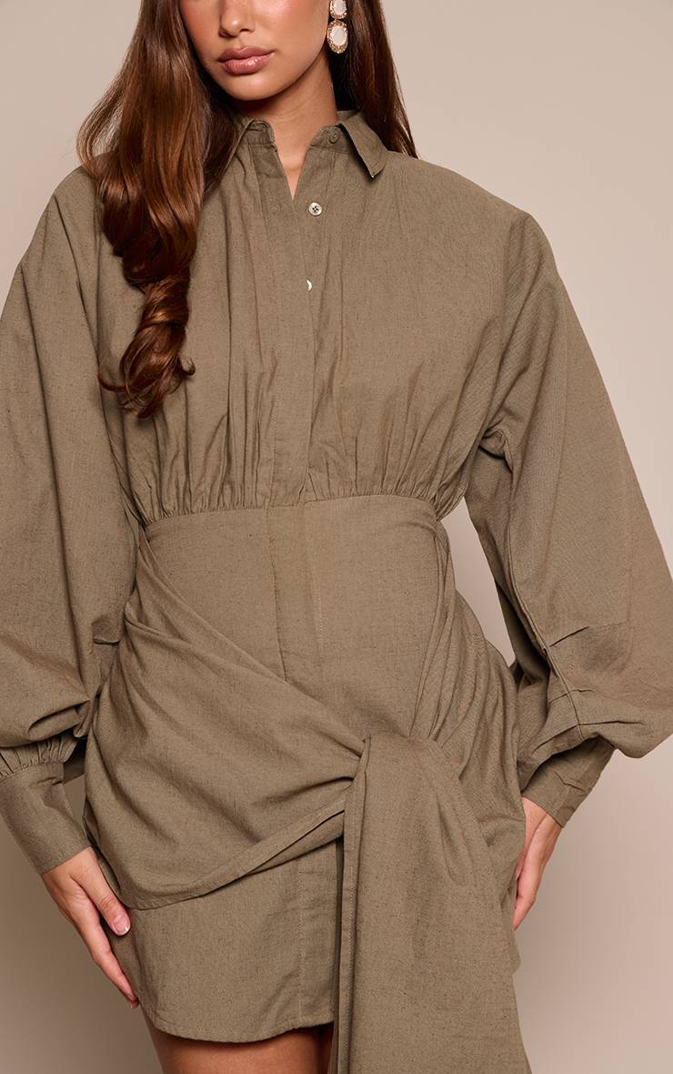Kaki Robe Chemise Aspect Lin Avec Ceinture À Nouer