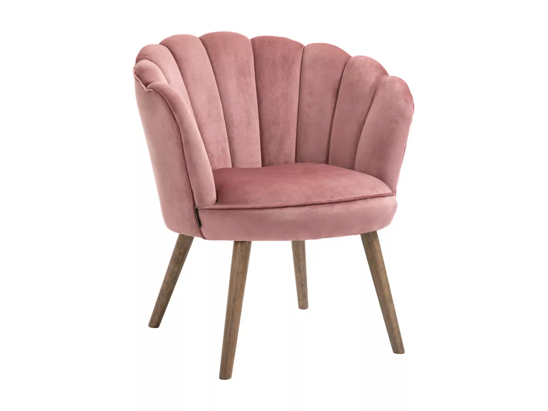 Fauteuil design coquillage piètement effilé bois d'hévéa dossier enveloppant strié aspect velours rose poudré