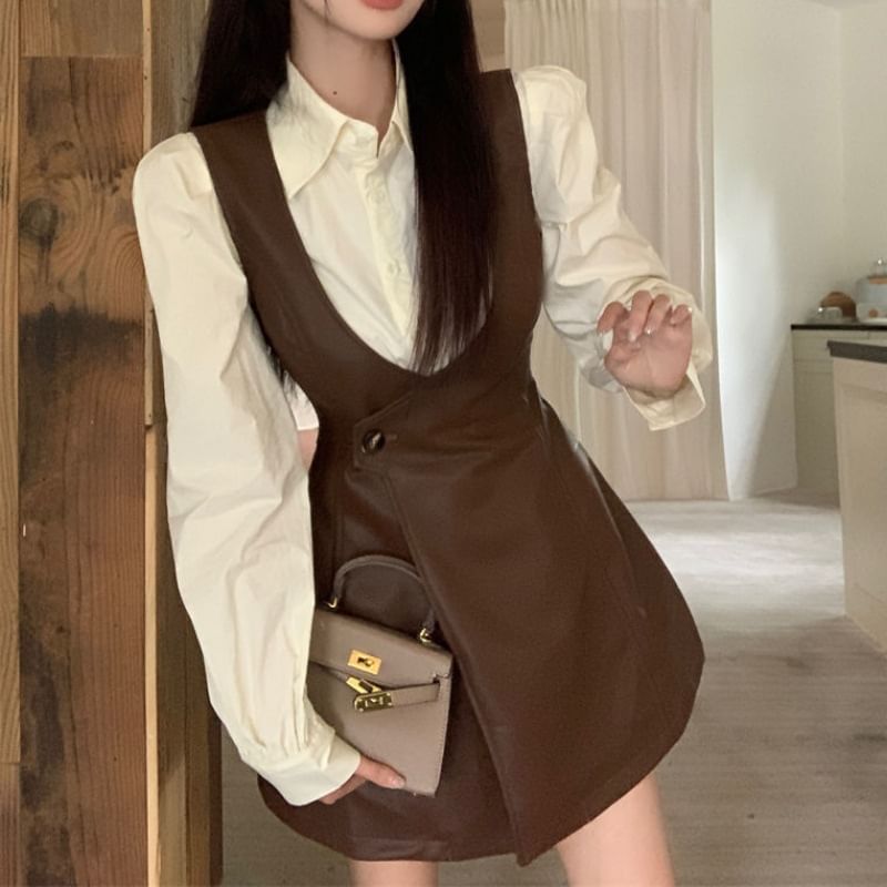 Trendjane - Effen overhemd met lange mouwen / Mini A-lijn dungareejurk met V-hals en knopen van imitatieleer / Set