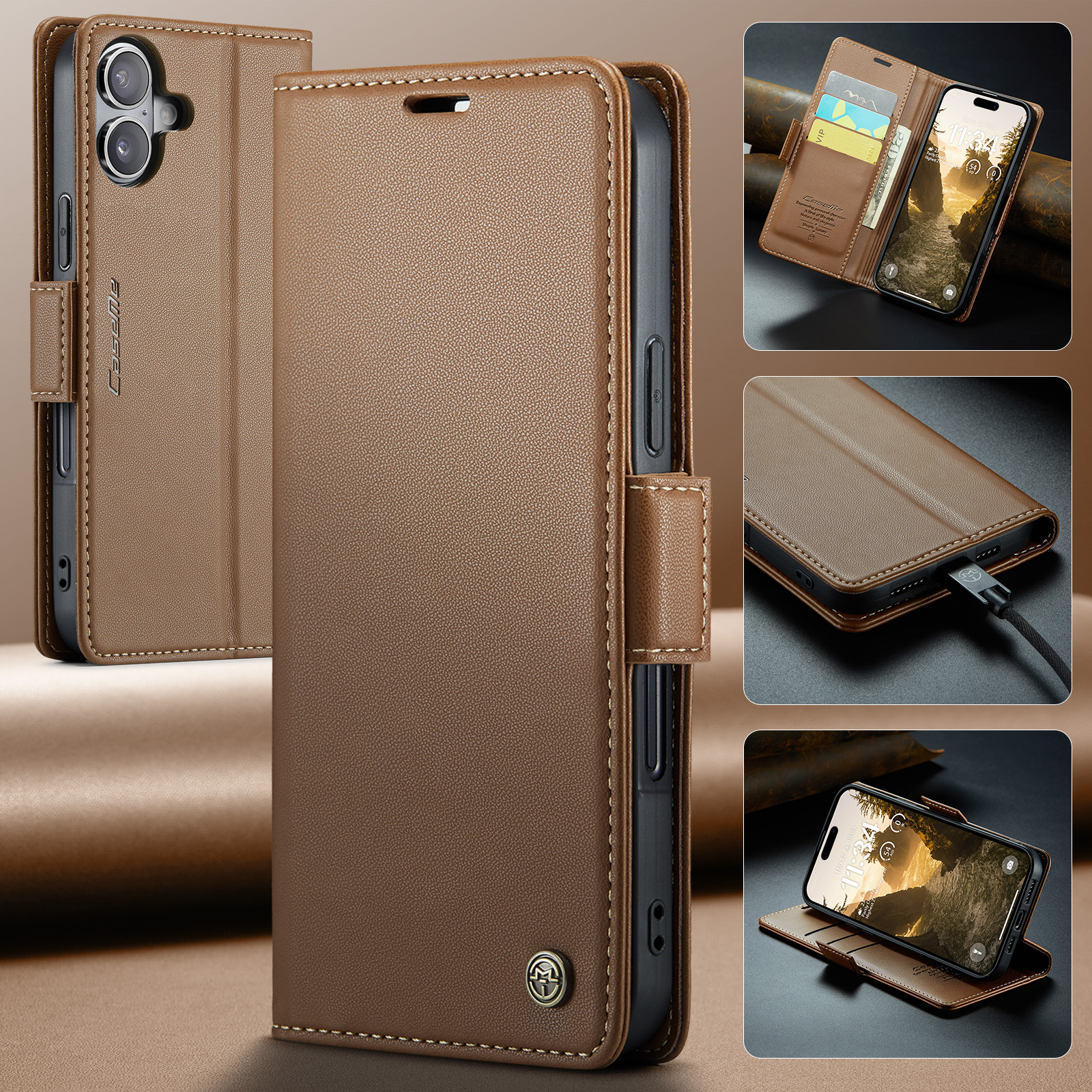iPhone 17 Leder Tasche Flip Wallet Etui mit Kartenfächern Litchi Look (RFID Schutz) - Braun