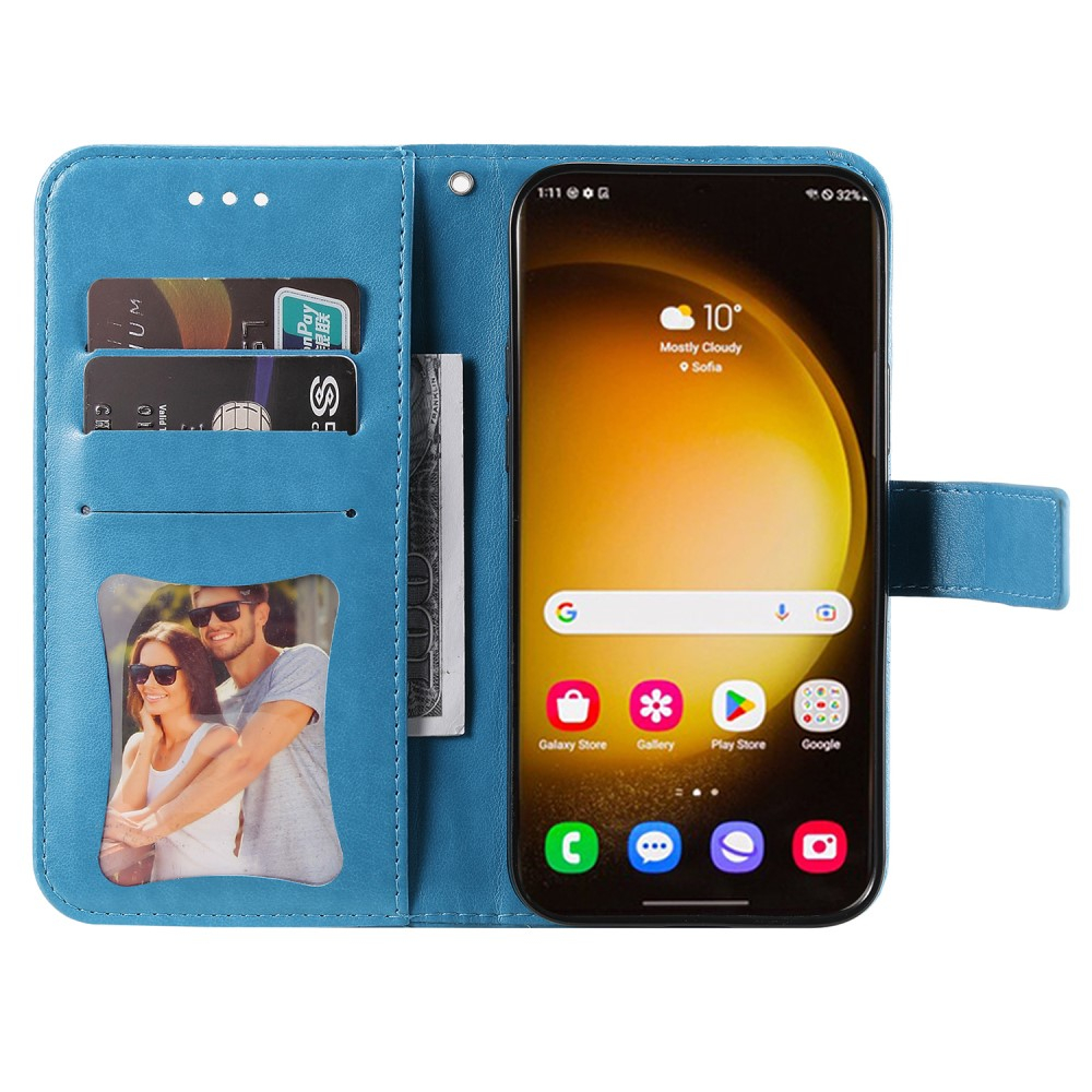 Samsung Galaxy S24 Ultra Leder Tasche Wallet - Mandala Flower Imprint - Blau