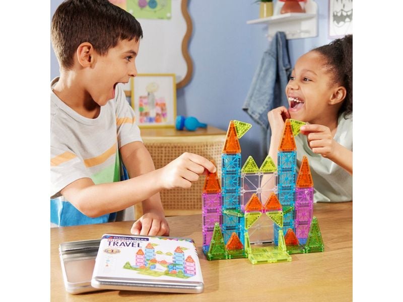 Magna-Tiles MicroMAGS Travel Deluxe 55 Teile Set mit 55 magnetischen Mini-Bauteilen und praktischer Metallbox