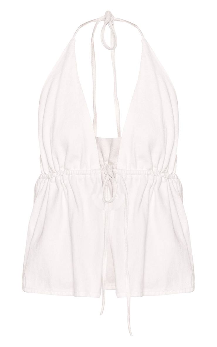 Blanc Top En Denim Dos Nu À Fronces Et Liens Dos Halter