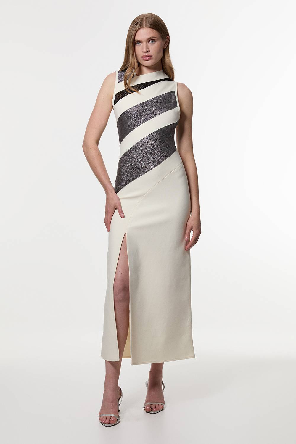 KarenMillen Robe maxi en maille sans manches avec détails en dentelle et bande sculptante