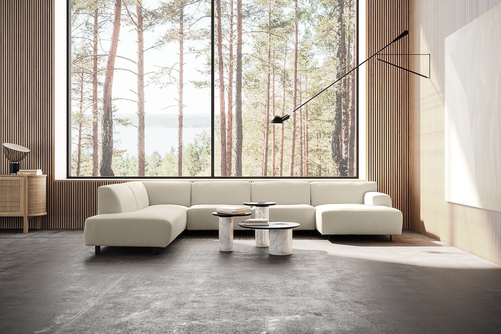 Vesta U-sofa Sjeselong høyre, 3-seter og åpen ende venstre. Big hjørnemodul, Tekstil Cortina Sand, sort metallben 10 cm, Comfort CM