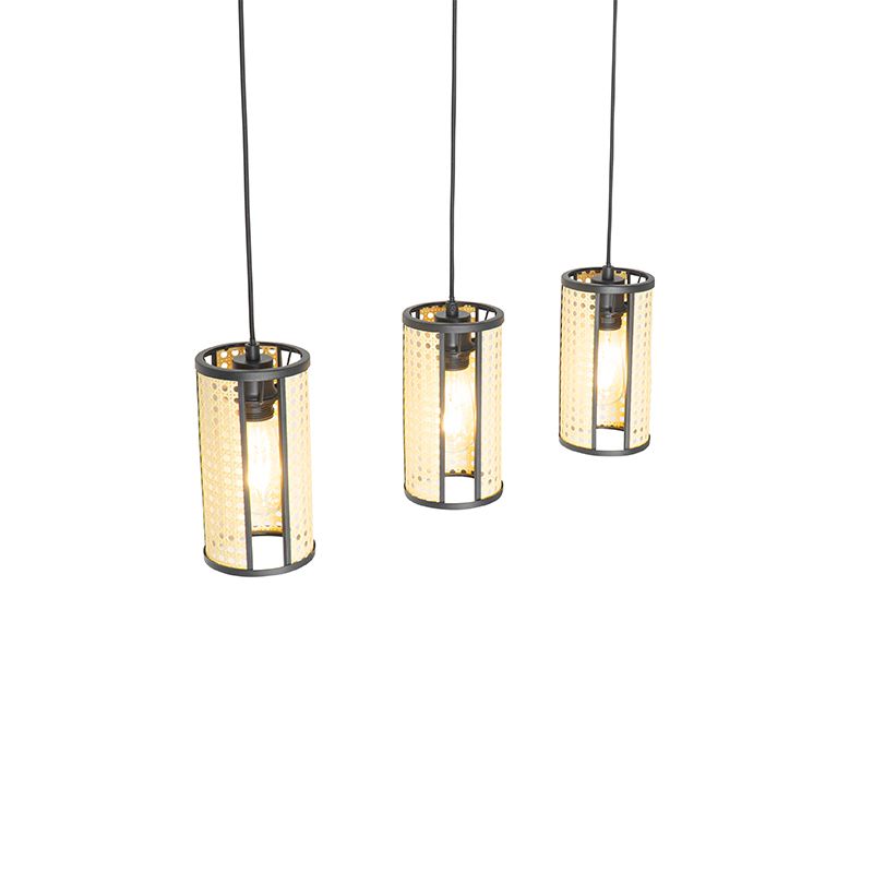 Oosterse hanglamp zwart met rotan 3-lichts langwerpig - Akira