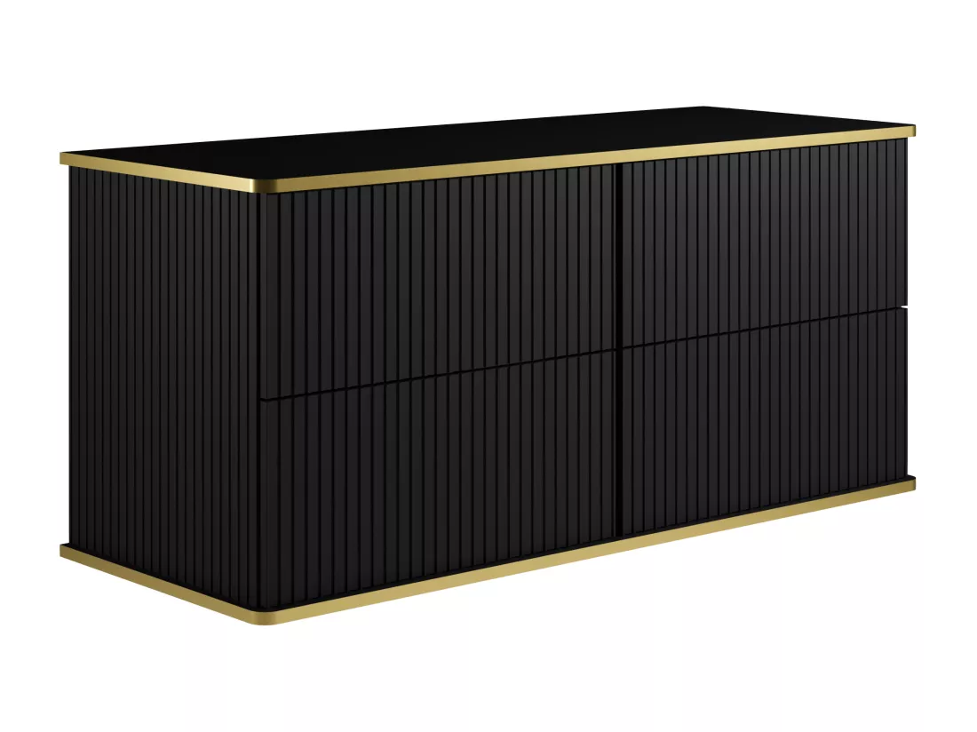 Meuble de salle de bain suspendu strié liseré doré avec double vasque à poser ronde - Noir - 120 cm - KELIZA