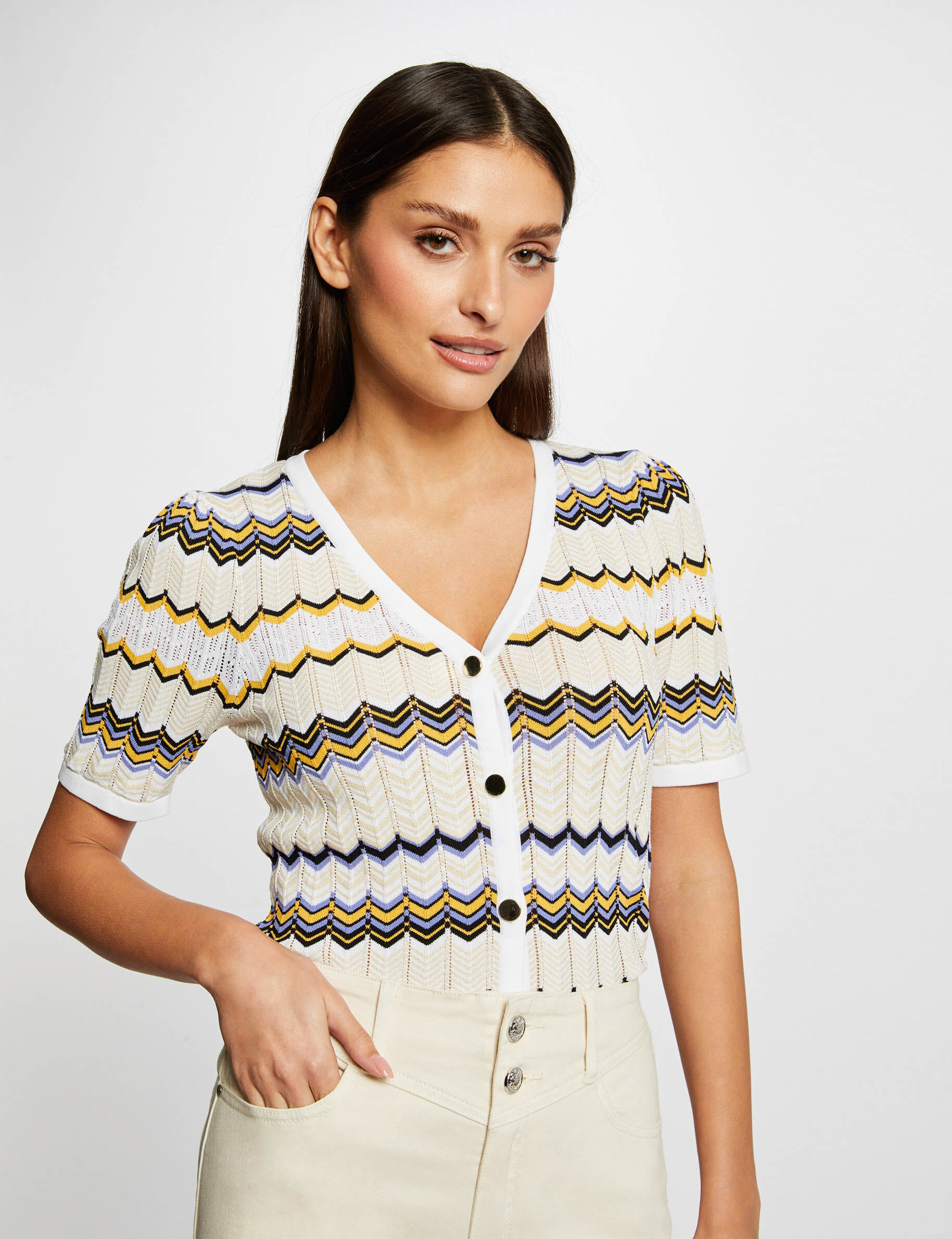 Pull manches courtes imprimé chevron ivoire femme - ivoire