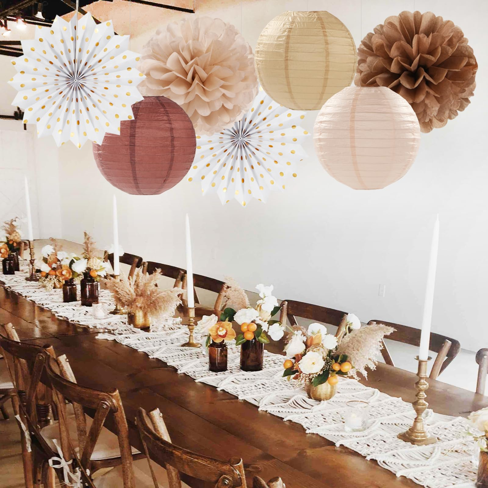 (14-tlg. Set) Papier Lampion Pompon's Deko Fächer Rosetten Party / Geburtstag / Hochzeit - Beige / Gold / Braun