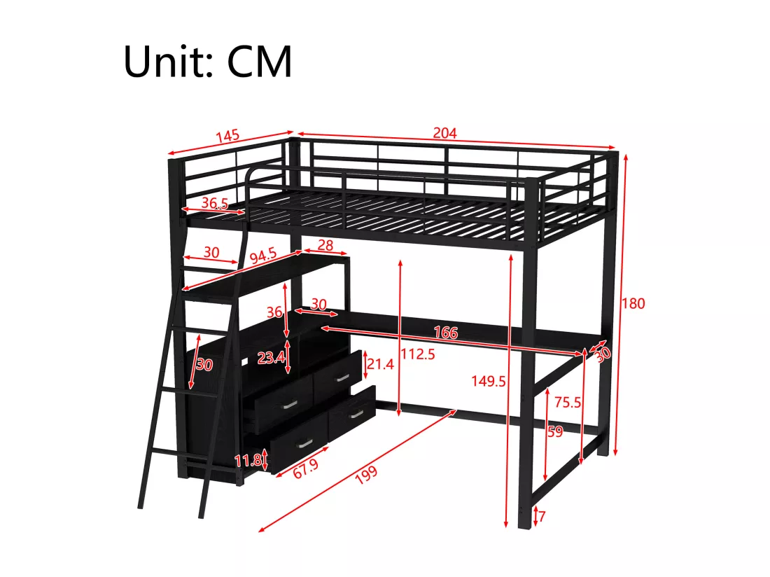 Lit mezzanine 140x200cm - bureau d'angle avec tiroirs - en MDF et métal - Noir