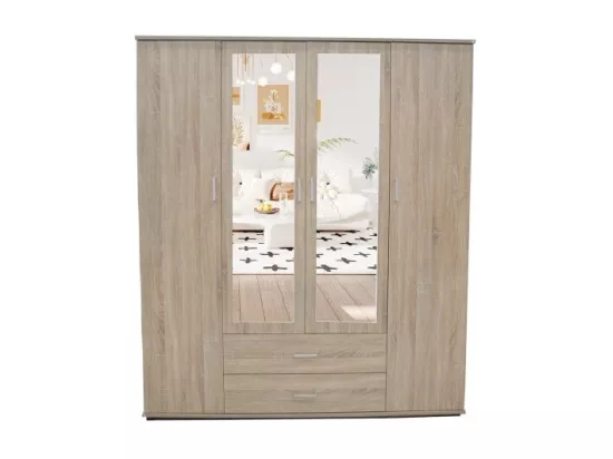 Armoire, garde-robe, avec miroir collection TOM, 4 portes 160 cm, penderie intégrée chêne sonoma