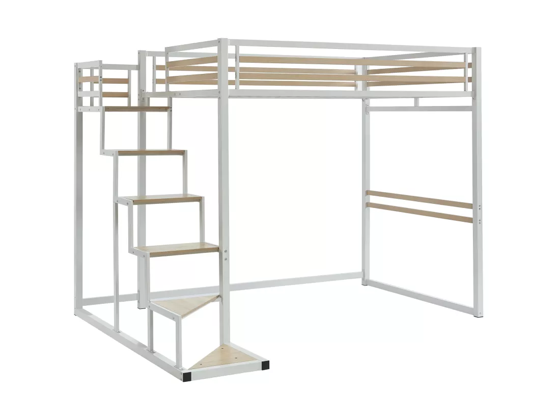 Lit mezzanine 140 x 200 cm - Métal et MDF - Blanc + Matelas - JOGUI