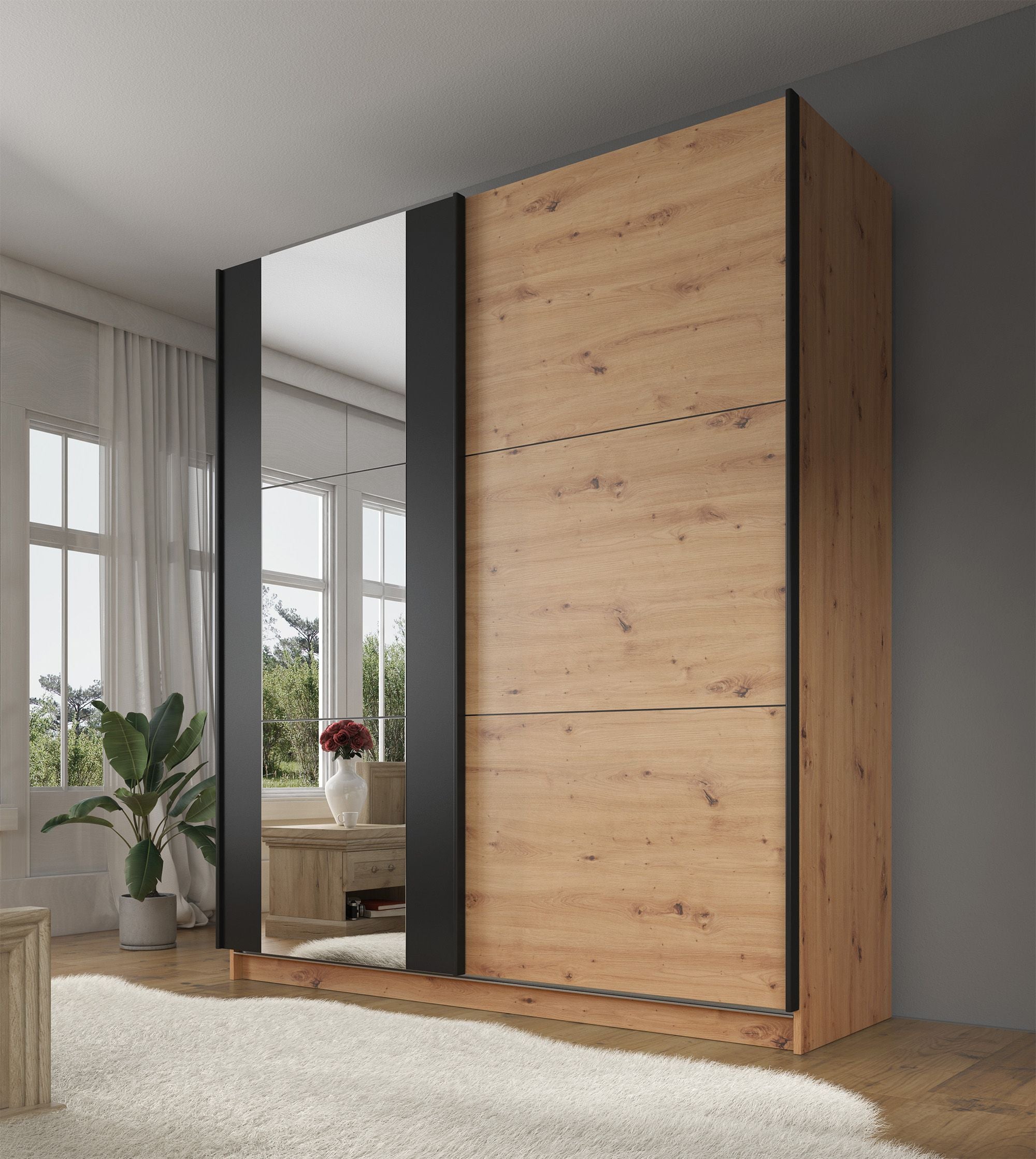 Saturn - Kledingkast met schuifdeuren - Eiken/zwart - 179x63x210 cm