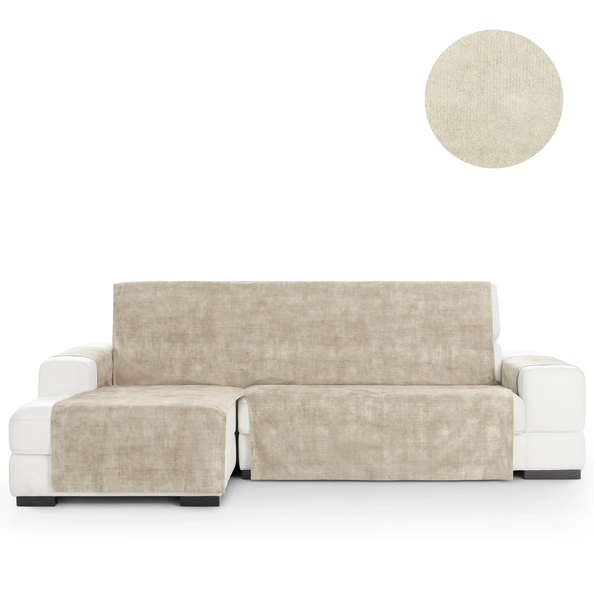 Capa protetora antimanchas para sofá com acabamento em veludo, cor marfim, chaise longue com chaise à esquerda, 240 cm (250-300 cm)