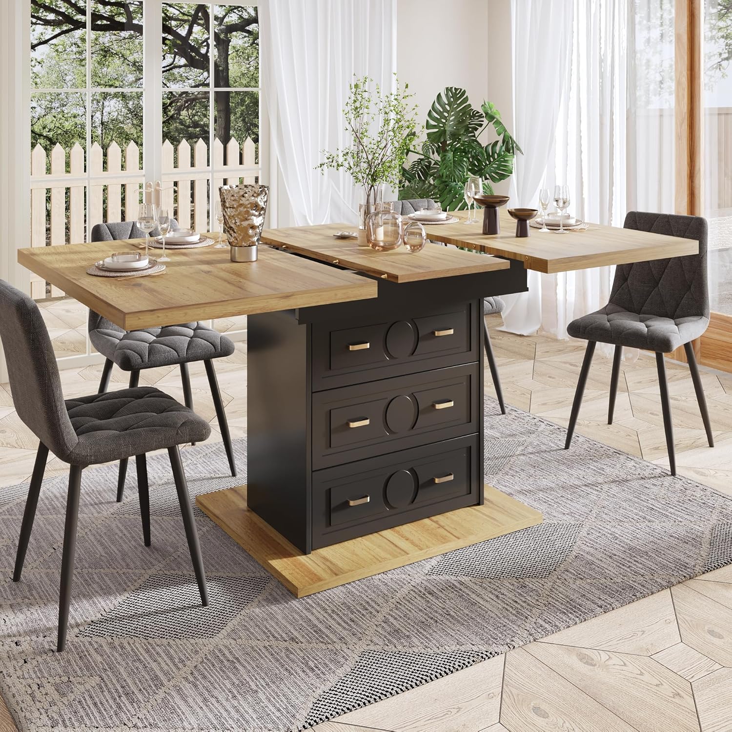 Merax Esstisch Ausziehbar 110-140cm, Esszimmertische mit Stauraum, Rechteckiger Küchentisch mit 2 Schubladen, 1 Staufächer, platzsparender Holztisch für Esszimmer, Küche, Terrasse, Holzoptik & Schwarz
