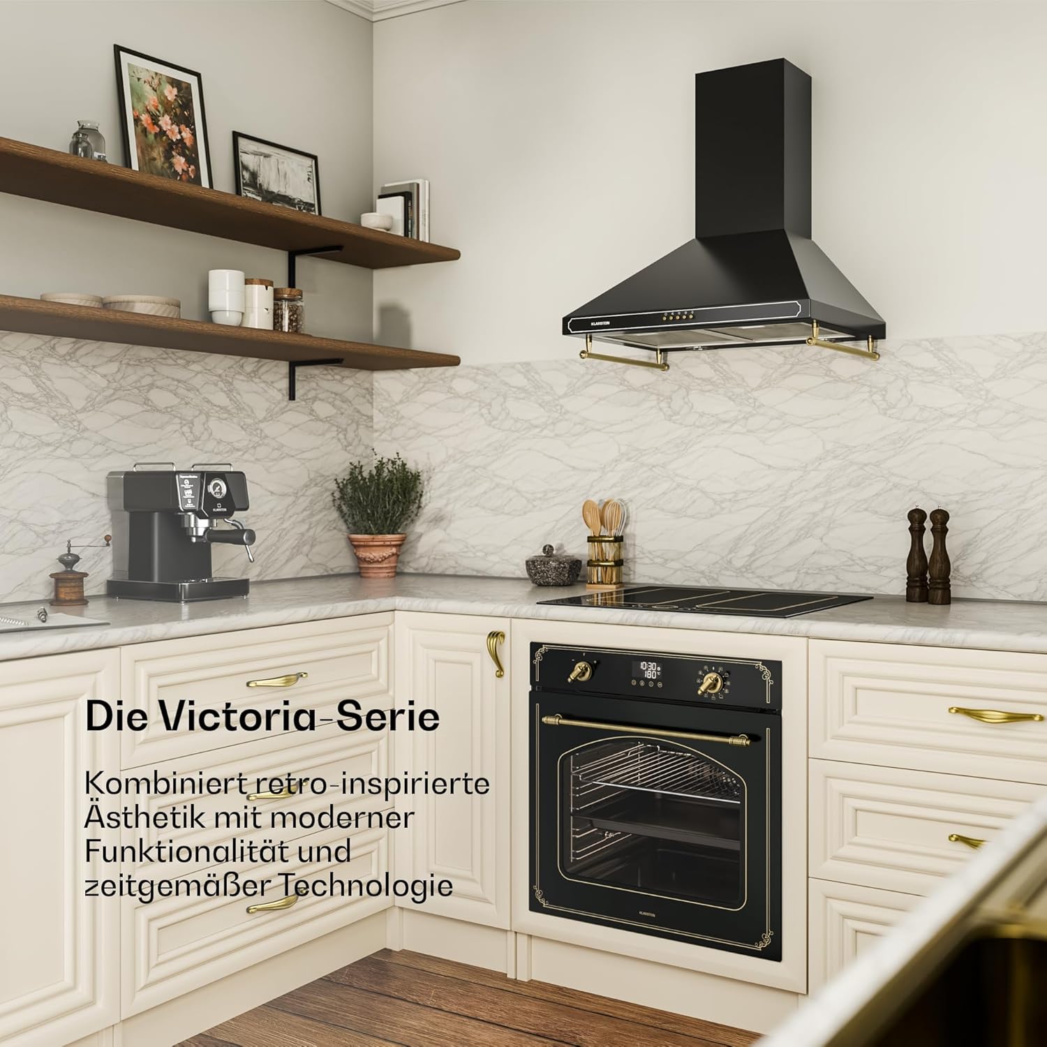 Klarstein Victoria Pyro Einbaubackofen 60 cm – 76L, Pyrolyse, 11 Funktionen, Retro Design, Energieklasse A, Timer, Einbau Backofen ohne Kochfeld, Vierfachverglasung, Emaille-Innenraum, Schwarz