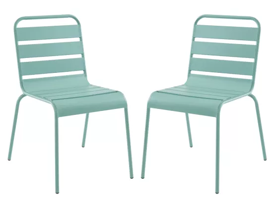 Salle à manger de jardin en métal - une table D.60cm et 2 chaises empilables - Vert amande - MIRMANDE de MYLIA